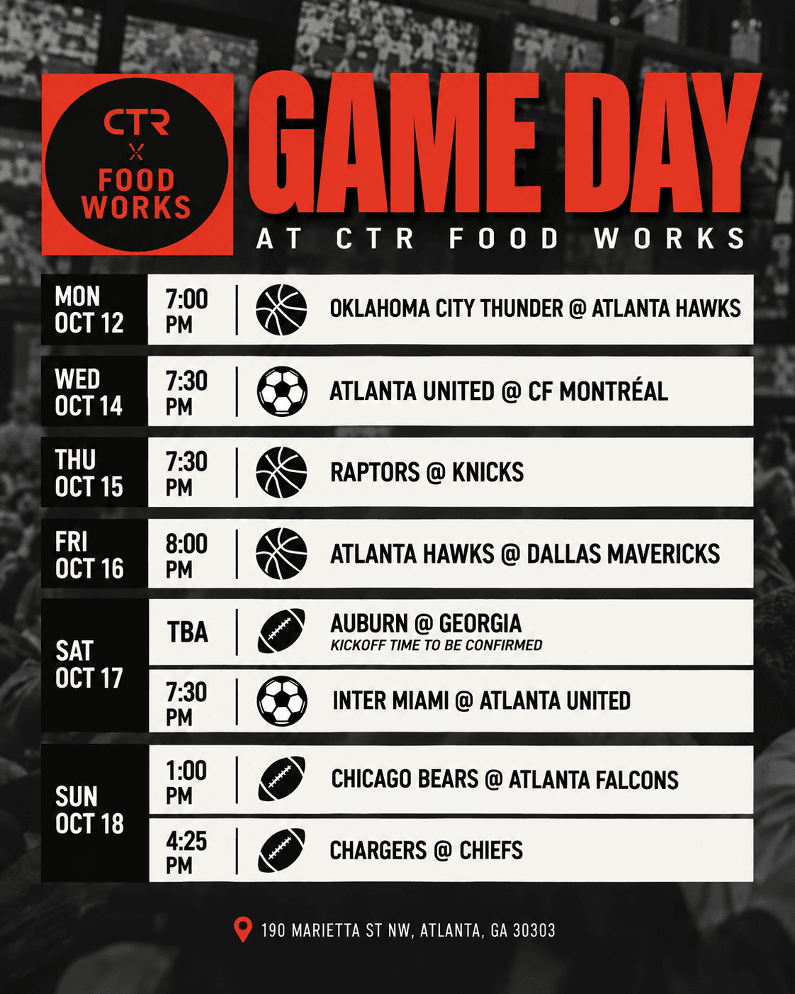 GAME DAY Schedule Oct 12 - 18 event image