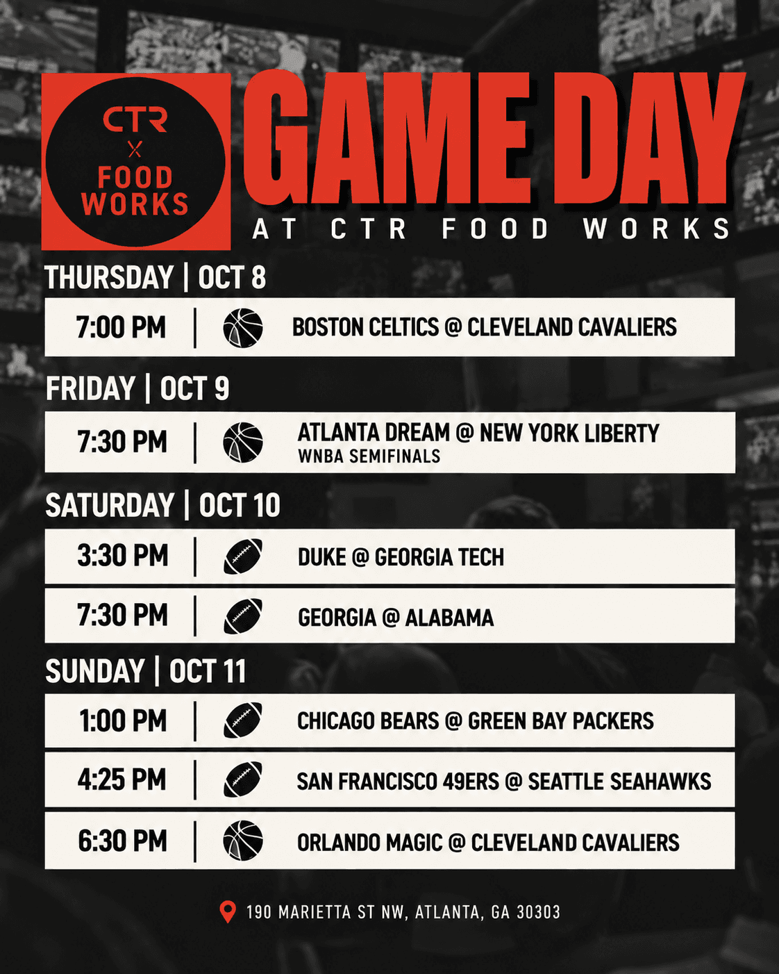 GAME DAY Schedule Oct 8 - Oct 11 event artwork