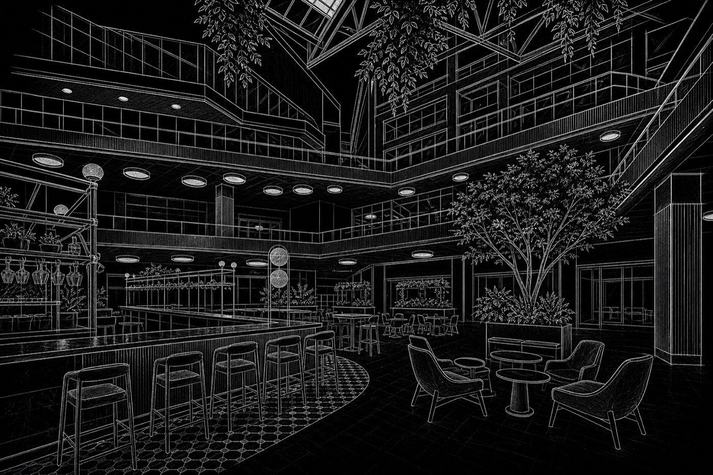 Hand-drawn sketch of the CTR Food Works atrium interior